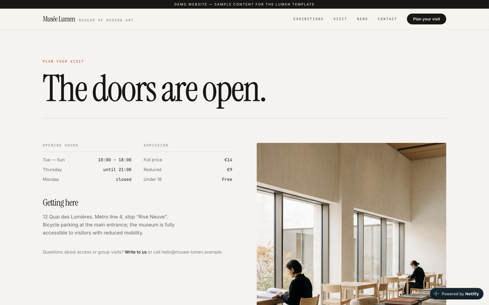 Page des informations de visite du Musée Lumen